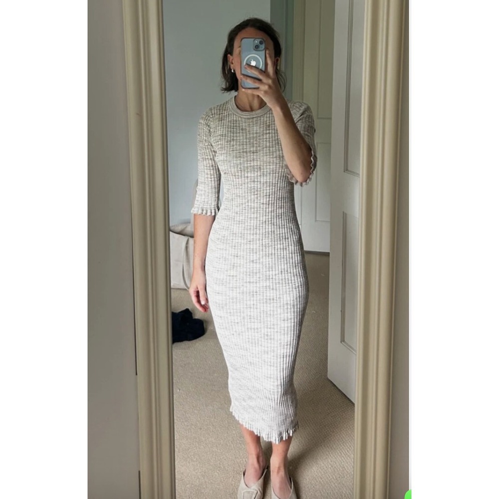 Veronica Beard Women's XL Richie Knit Sweater Dress Beige Midi Stretch Ribbed
